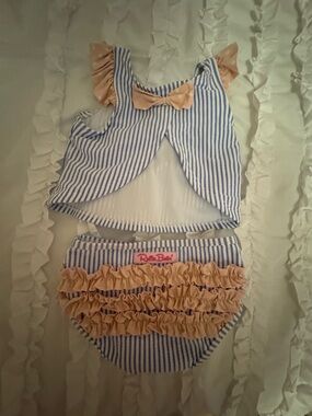 Ruffle Butts Blue & Cream Striped Ruffle Two-Piece Swim Set